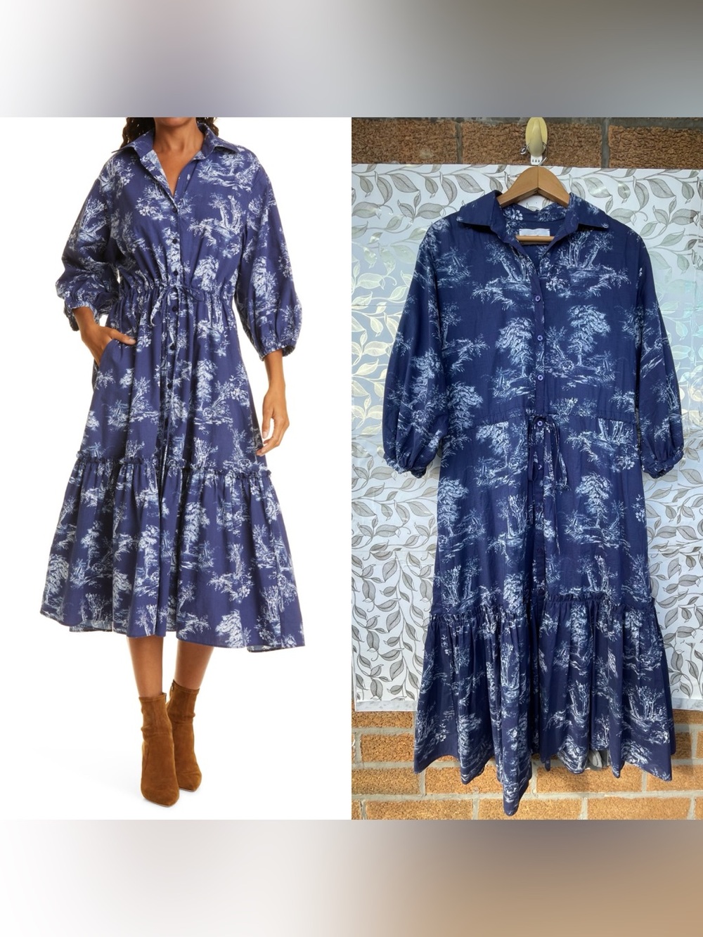 Cara Cara Quiet Luxury Blue Toile Cotton Button Midi Dress Large